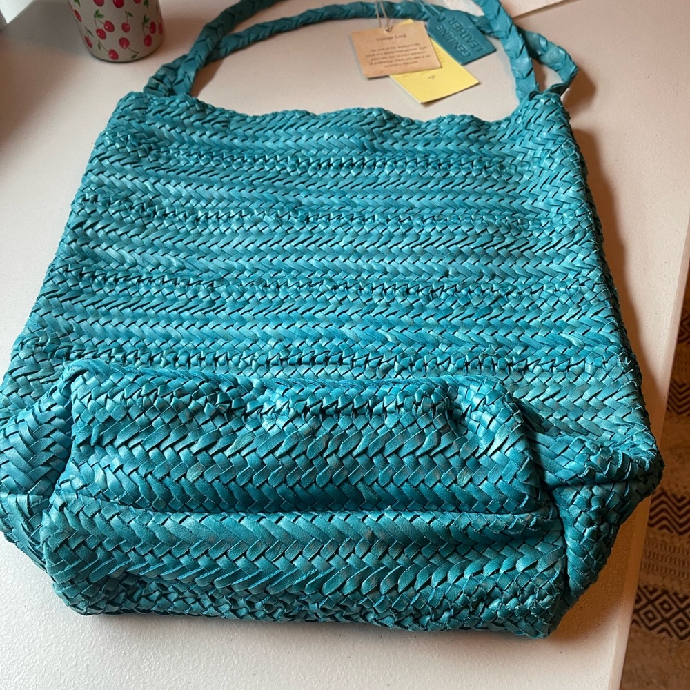 Woven Teal Leather Tote Bag